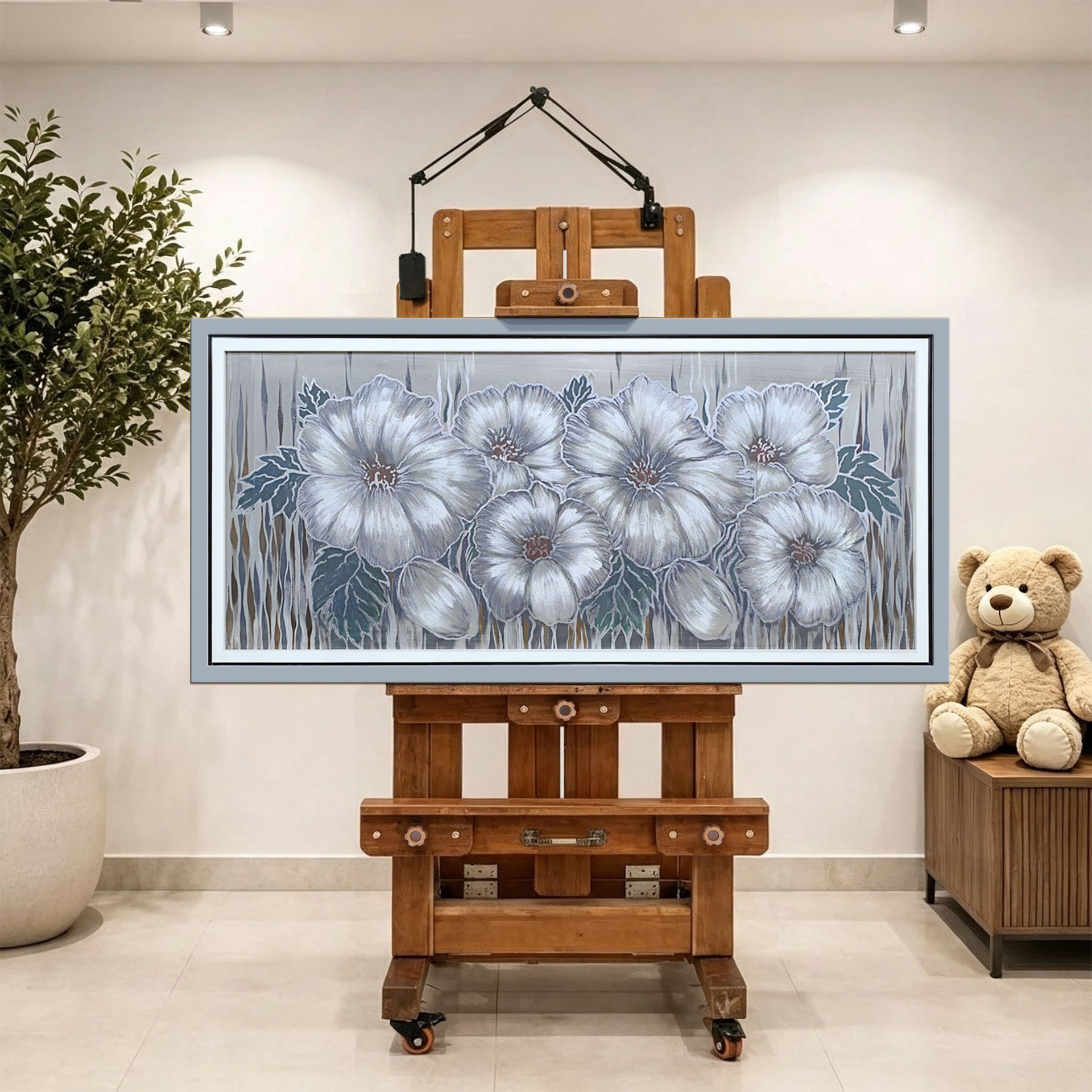 Flores plateadas — vista caballete de la pintura al óleo