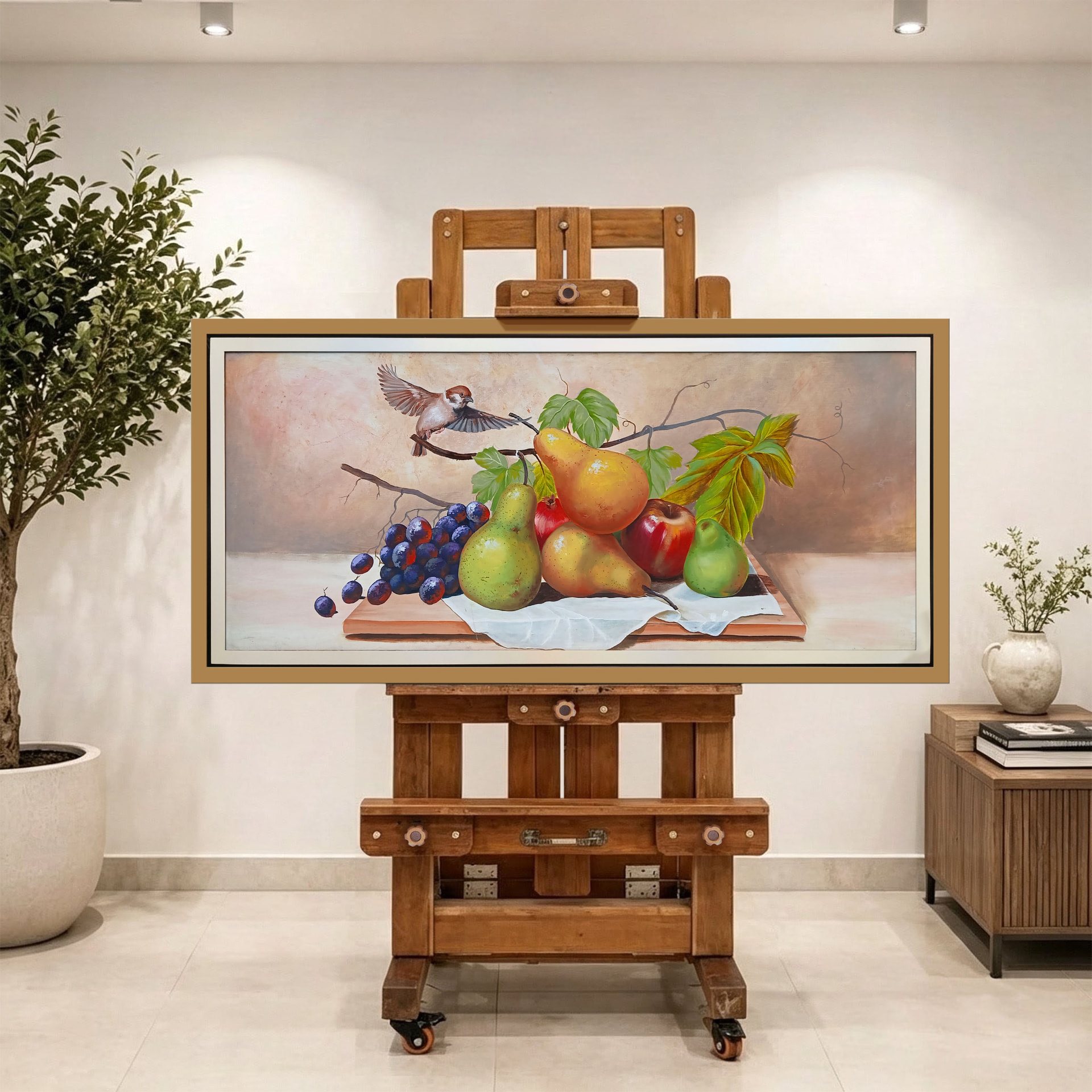 Bodegón de frutas y pájaro — vista caballete de la pintura al óleo