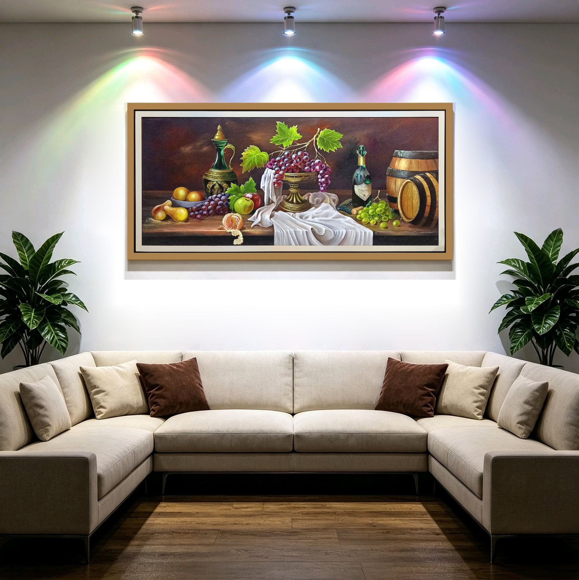 Bodegón de vino y uvas — óleo sobre lienzo pintada a mano · Color & Estilo