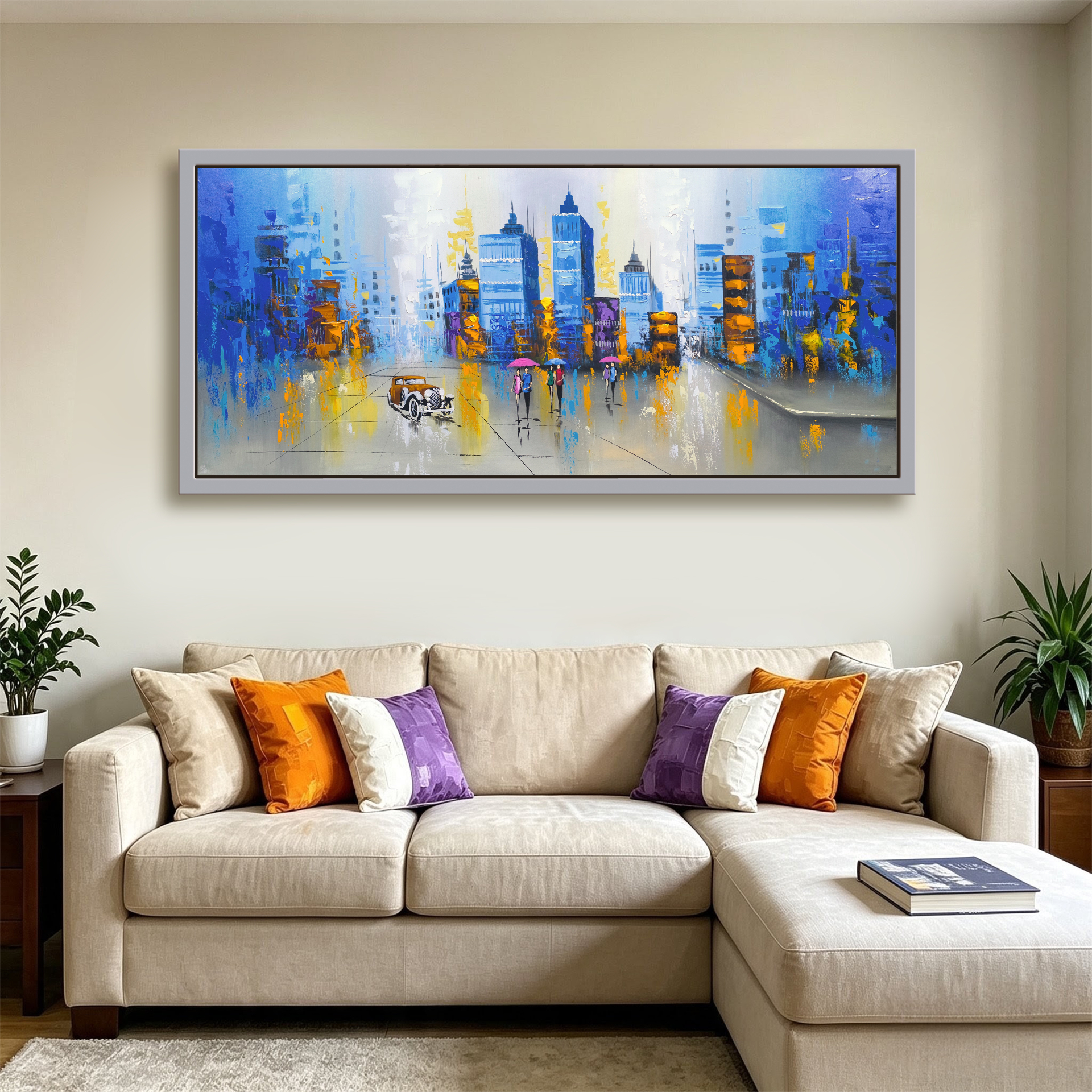 Ciudad azul bajo la lluvia — óleo sobre lienzo pintada a mano · Color & Estilo