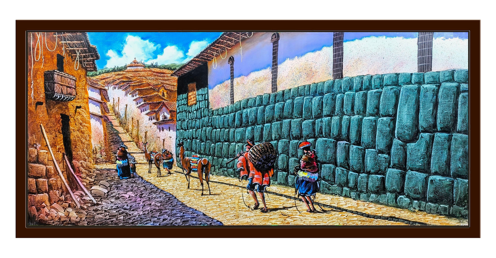 Calle inca con llamas — vista detalle de la pintura al óleo