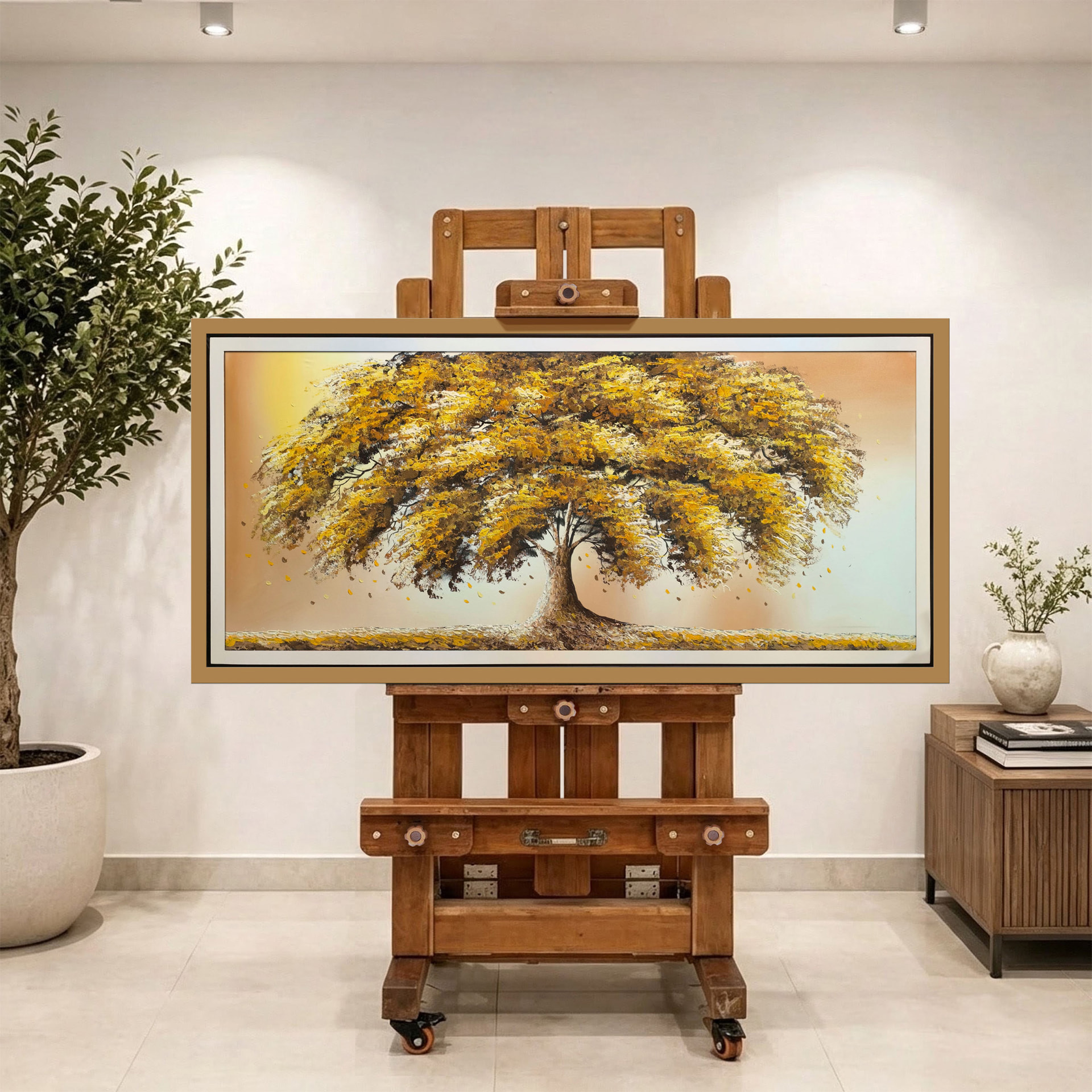 Árbol dorado otoñal — vista caballete de la pintura al óleo