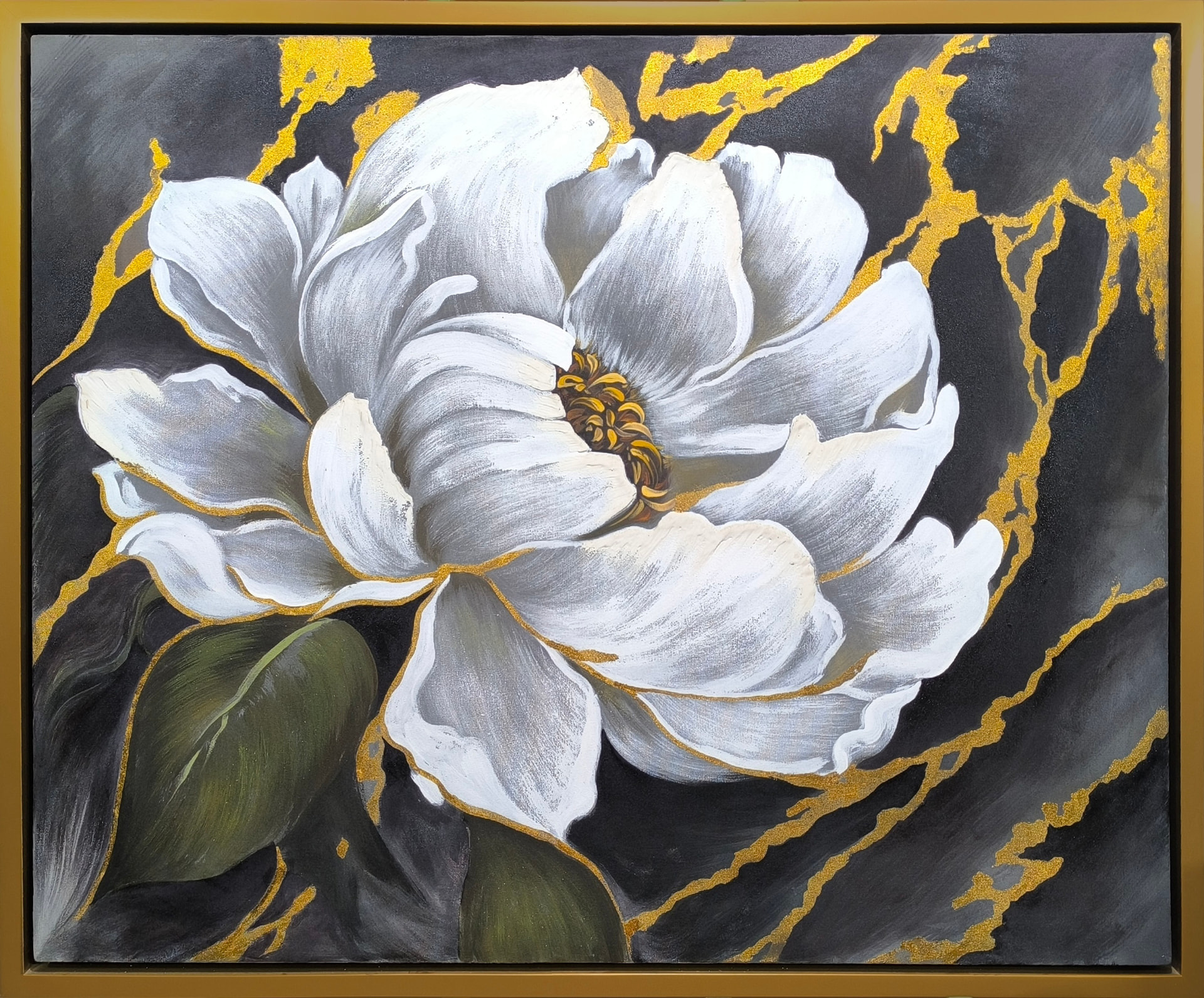 Magnolia en mármol negro — vista detalle de la pintura al óleo