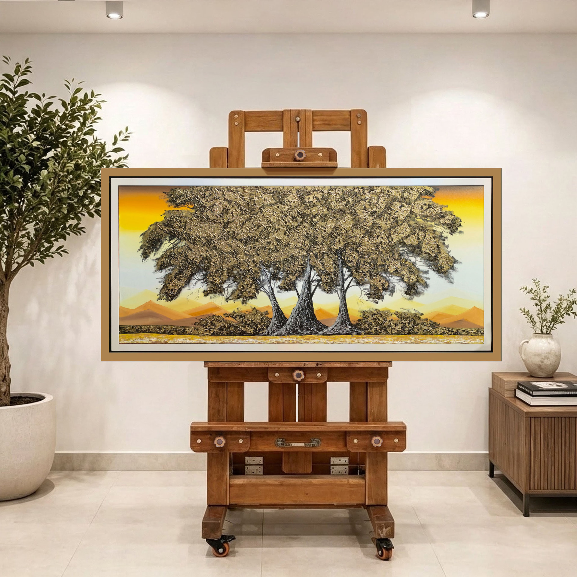 Árboles dorados en el desierto — vista caballete de la pintura al óleo