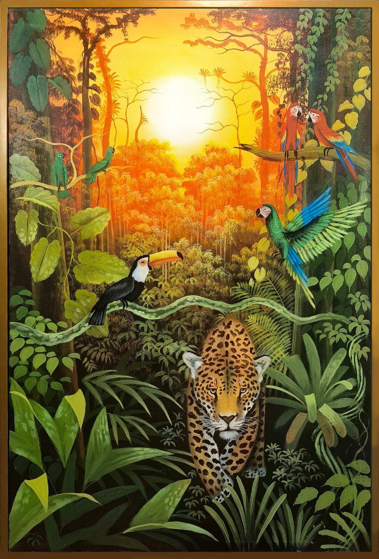Selva al atardecer — vista detalle de la pintura al óleo
