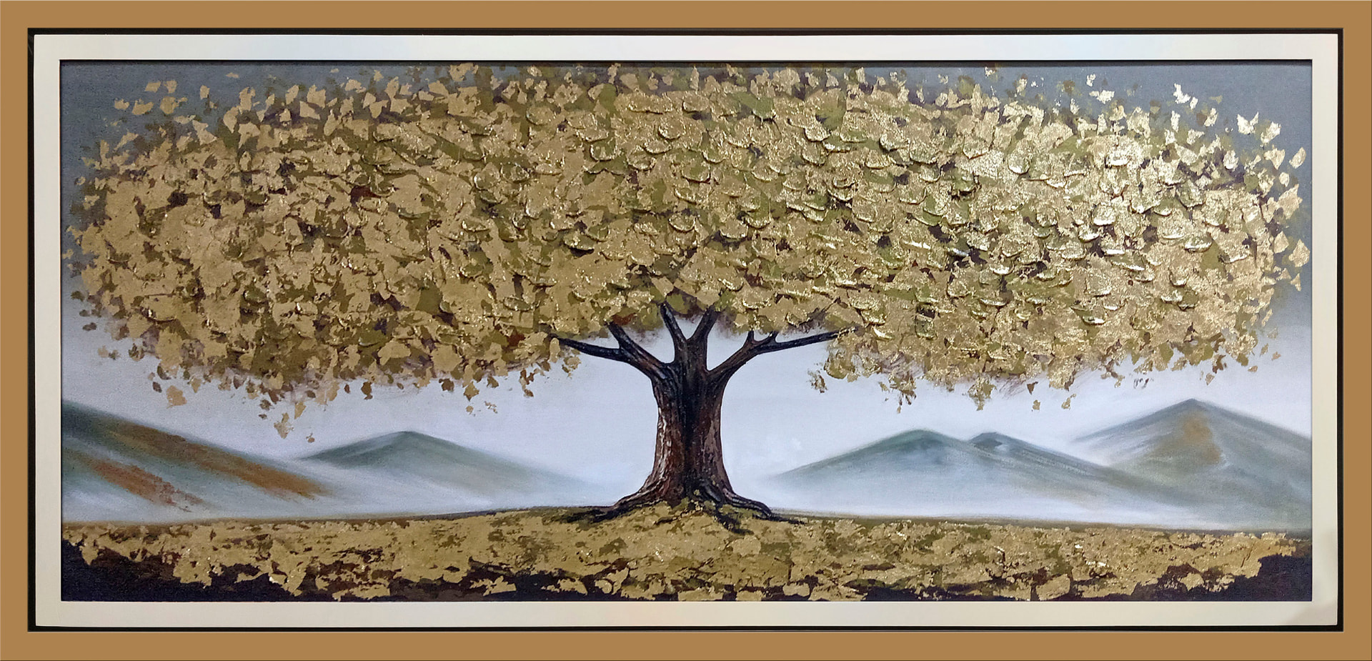 Árbol dorado en las montañas — vista detalle de la pintura al óleo